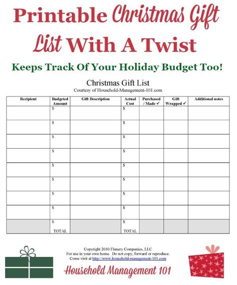 Christmas Gift List Printable: Use It To Help Create Your Christmas Budget | Christmas gift list ...