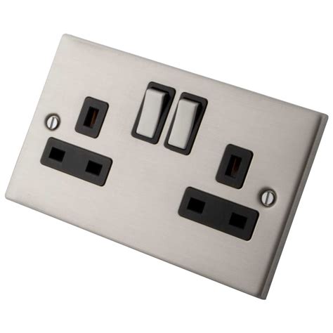 M2 13A 2 Gang Switched Socket Metal / Black Insert Brushed Stainless ...