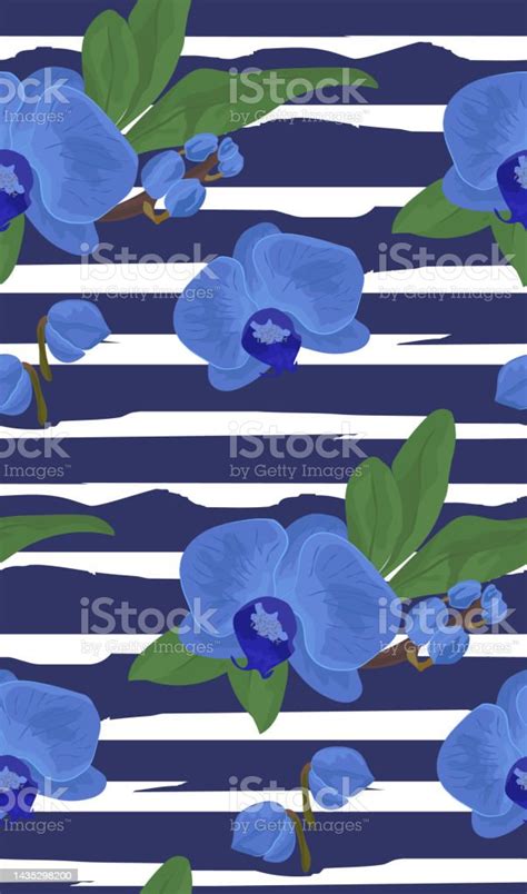 Blue Colored Orchid Flowers On Striped Background Vector Seamless Pattern Modern Floral Texture ...