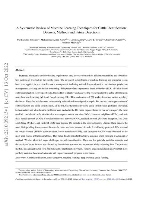 [PDF] A Systematic Review of Machine Learning Techniques for Cattle Identification: Datasets ...