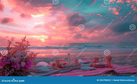Sea Picnic Experience, Set Up an Outside Table at Sunset on the Beach, in the Style of Pink and ...