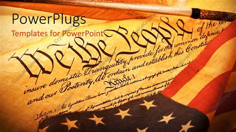 PowerPoint Template: Old scroll of American constitution with the American flag (30502)
