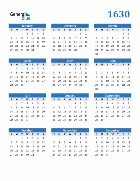 Free 1630 Year Calendar in PDF, Word, and Excel