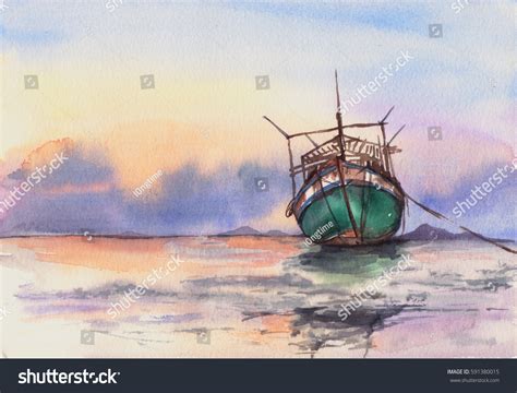 Fishing Boat Sunset Watercolor Painting Stock Illustration 591380015 | Shutterstock