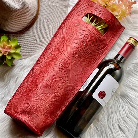 Leather Wine tote • Tooled leather wine bag • Authentic leather wine tote • wine gift • Gift Bag ...