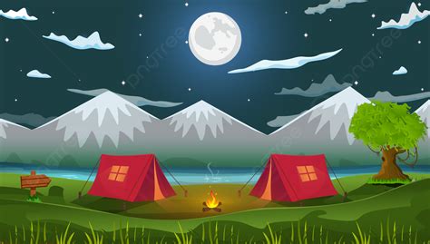 Night Natural Cartoon Background Camping Scene With Two Tents Fire Lake Mountains Trees And Sky ...