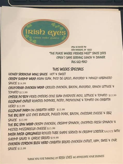 Menu at Irish Eyes Pub, New Windsor