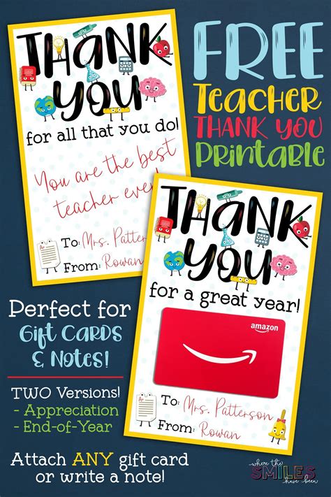 FREE Teacher Appreciation Thank You Printable - Two Versions! | Teacher appreciation cards ...