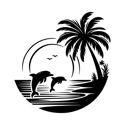 Dolphin Beach Sunset Palm Trees SVG Cut - Background Black And White ...