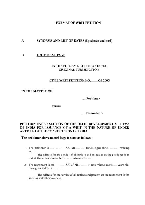 Writ petition format - FORMAT OF WRIT PETITION A SYNOPSIS AND LIST OF ...