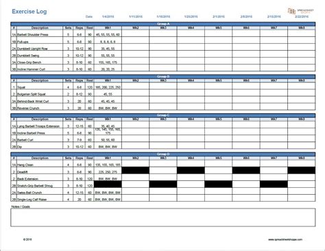 Workout Log Template - Spreadsheetshoppe