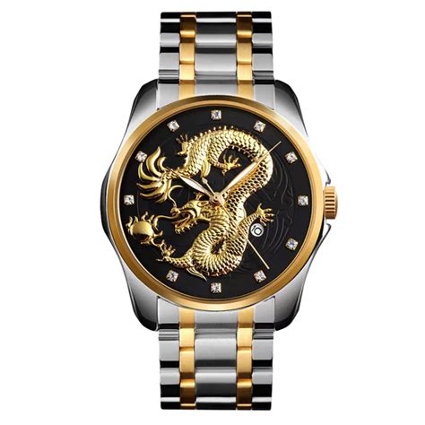 Skmei 9193 Two Tone Chain Golden Black Dragon Dial Gift Watch