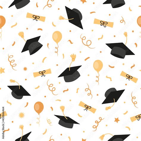 Graduation black caps with tassels, diplomas, certificates, balloons ...