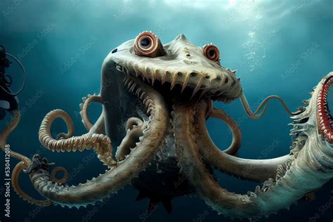 Giant sea monster, terrifying squid alien paintning Stock Illustration | Adobe Stock