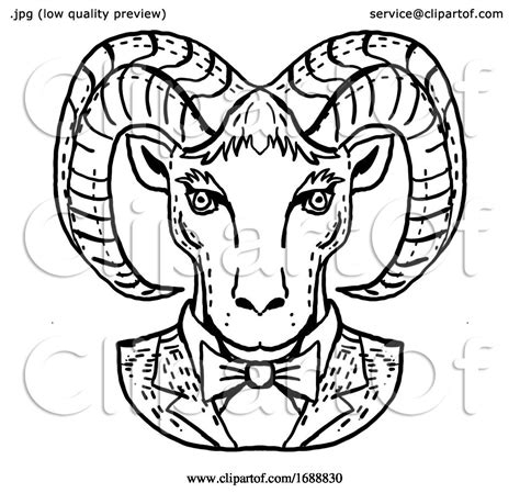 Ram or Mountain Goat Wearing Tuxedo and Tie Portrait Cartoon Retro Drawing by patrimonio #1688830