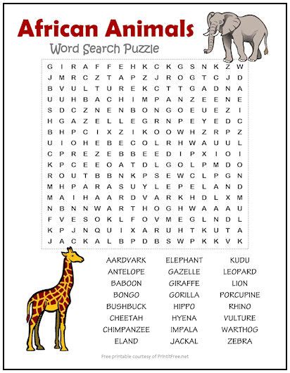 African Animals Word Search Puzzle | Print it Free