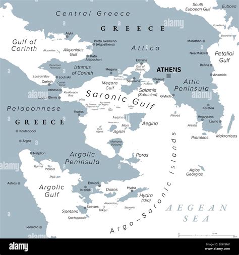 Argo-Saronic Gulf, Saronic and Argolic Gulf of Greece, gray political ...