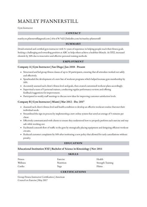 Gym Instructor Resume (CV) Example and Writing Guide