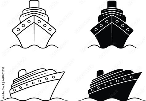Cruise Ship Front and Angled Clipart Set - Outline and Silhouette Stock Vector | Adobe Stock
