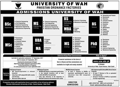 University of Wah Admission, Fee structure, Programs, Merit list