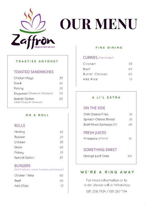 Speisekarte von ZAFFRON halaal takeaways restaurant, Port Alfred