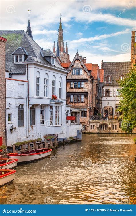 Bruges, Belgium. Canal with Empty Boats. Editorial Image - Image of ...