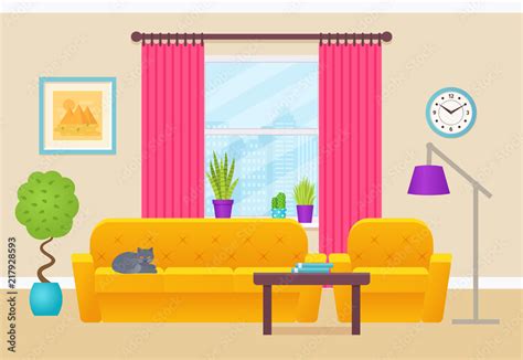 Living room interior. Vector illustration. Lounge with furniture ...