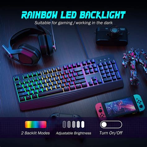 Gaming Keyboard, 7-Color Rainbow LED Backlit, 104 Keys Quiet Light Up ...