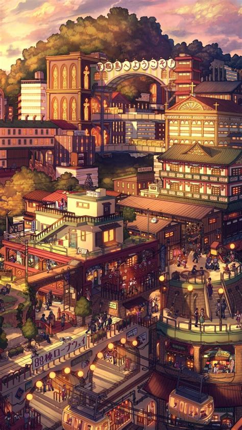 Download Vintage Anime Multi-level Buildings Wallpaper | Wallpapers.com