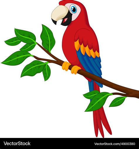 Cartoon red parrot on a branch Royalty Free Vector Image