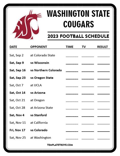 Printable 2023 Washington State Cougars Football Schedule