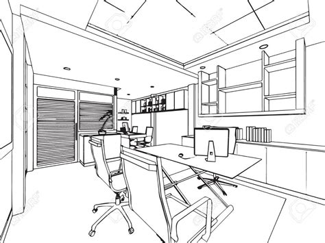 interior outline sketch drawing perspective of a space office Stock Vecto… | Interior ...