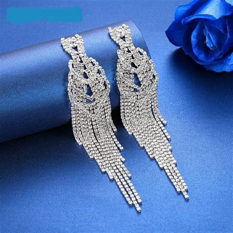 Silver Color Rhinestone Long Tassel, Hanging Earrings for Women, Super Big Bridal Drop Earrings ...