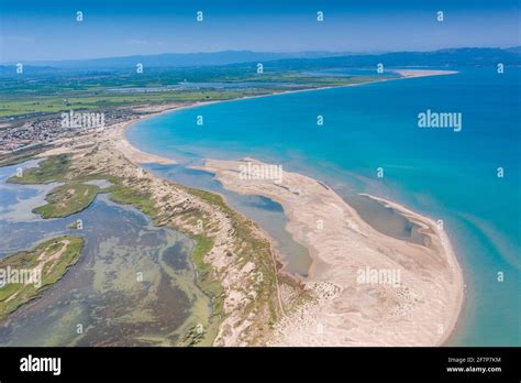 Aerial view of the Ebro river mouth into the Mediterranean Sea in the Ebro Delta (Tarragona ...