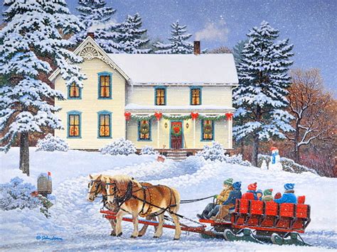 Christmas visit, winter, children, house, horses, sleigh, snow ...