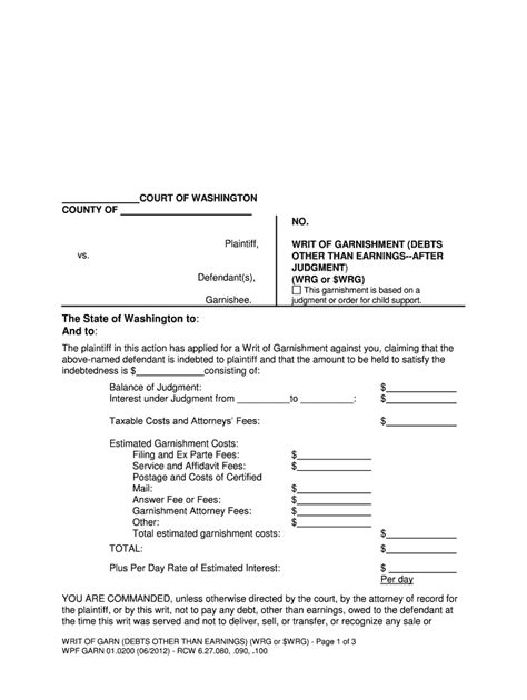 Fillable Online Writ of Garnishment Washington State Courts Form - Fill Out and Sign Printable ...