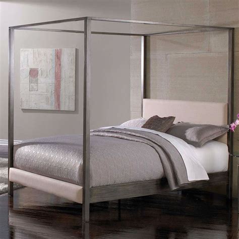 King size Modern Metal Four Post Canopy Bed Frame with Upholstered ...