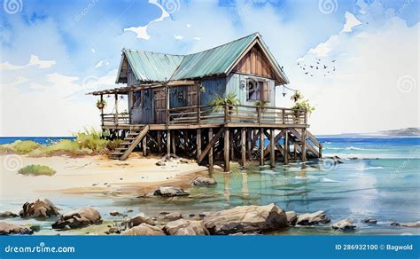 Beach Shack Watercolour Painting Stock Illustration - Illustration of ...