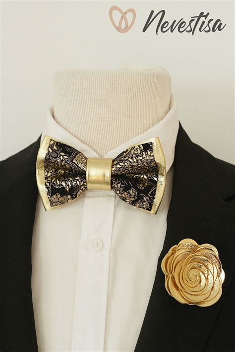 Black and Gold mens leather bow tie for men, floral paisley wedding bow tie set genuine leahther ...