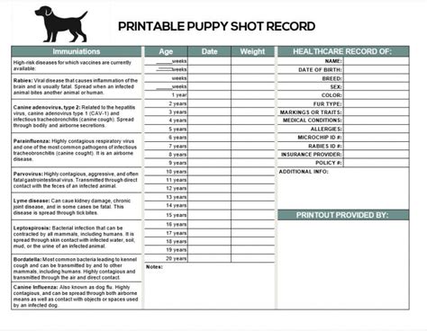 Printable Puppy Shot Record