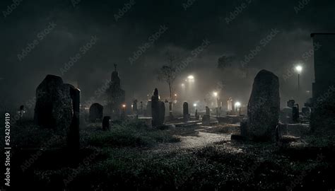 illustration of old cemetery with fog on Halloween night. realistic halloween festival ...