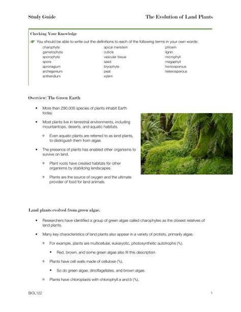 122 [Study Guide] 29-1 The Evolution of Land Plants