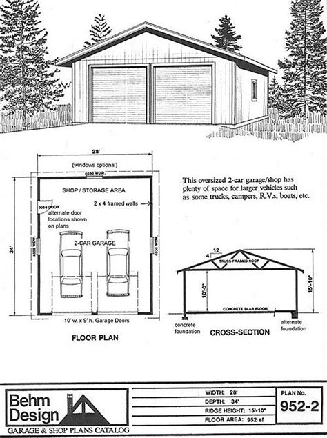 Over-sized 2 Car Garage Plan with Extra Space 952-2 - 28' x 34 ...