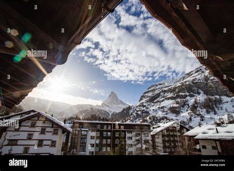 view of Matterhorn through hotel window in Zermatt Stock Photo - Alamy