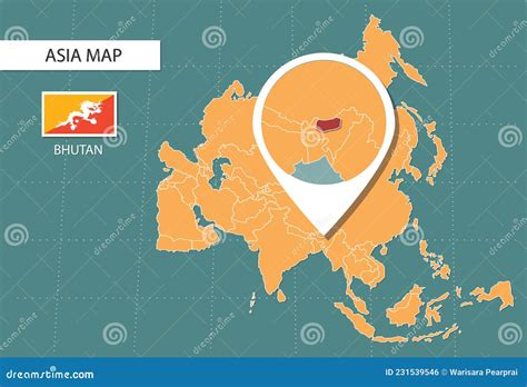 Bhutan Map in Asia Zoom Version, Icons Showing Bhutan Location and Flags Stock Vector ...