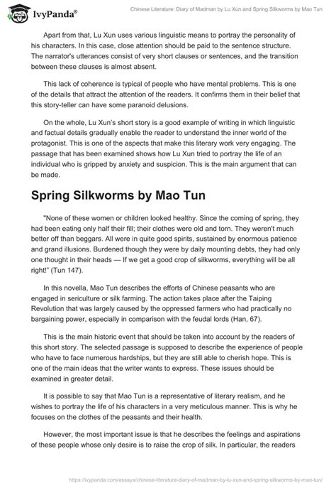 Diary of Madman by Lu Xun and Spring Silkworms by Mao Tun - 984 Words | Essay Example