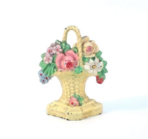 Antique Cast Iron Door Stop Flower Basket Doorstop