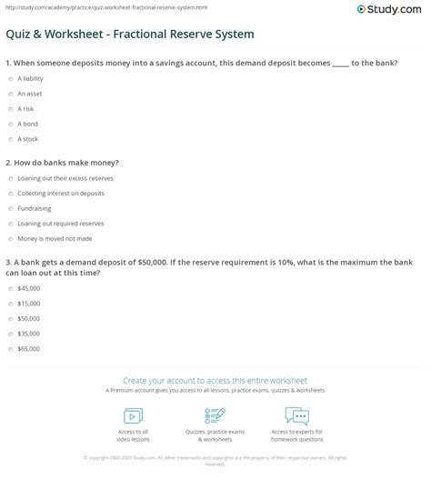 Quiz & Worksheet - Fractional Reserve System | Study.com