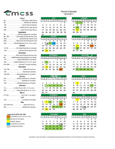 2016 - 2017 School Calendar | Montgomery County Schools (Clarksville ...