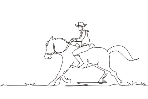 Continuous one line drawing the wild west and desert with cowboy riding horse. Mustang and ...